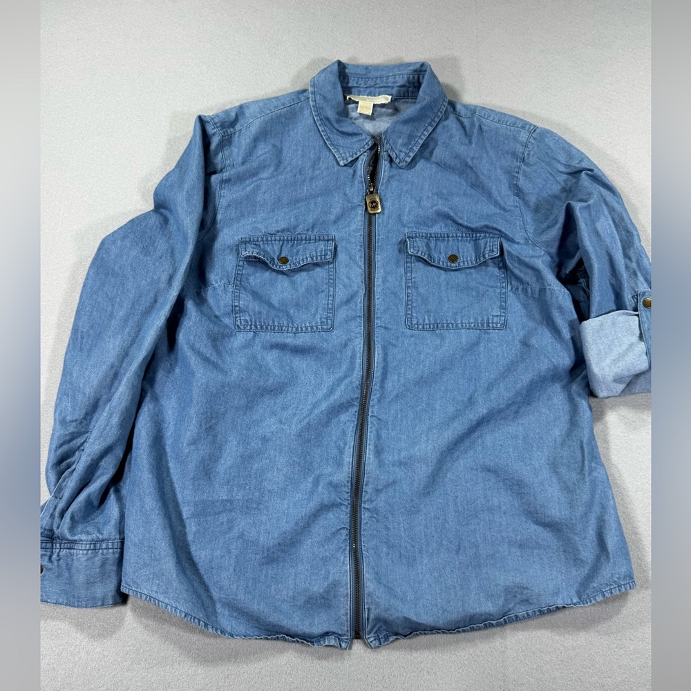 Michael by Michael Kors Chambray Zip-Front Button Pocket Shirt Jacket - Blue